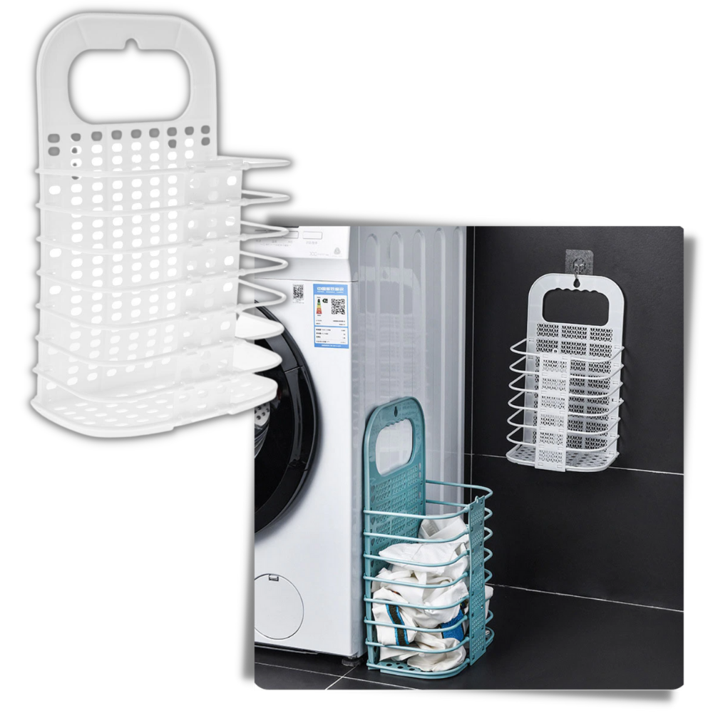 Cesto de roupa suja de parede dobrável em plástico da Elsa com múltiplas opções de instalação, ideal para organização doméstica