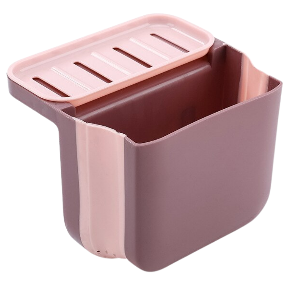 Filtro de resíduos e suporte de esponja Pakewalm para utensílios de cozinha, com suporte rosa e área para descarte de resíduos.