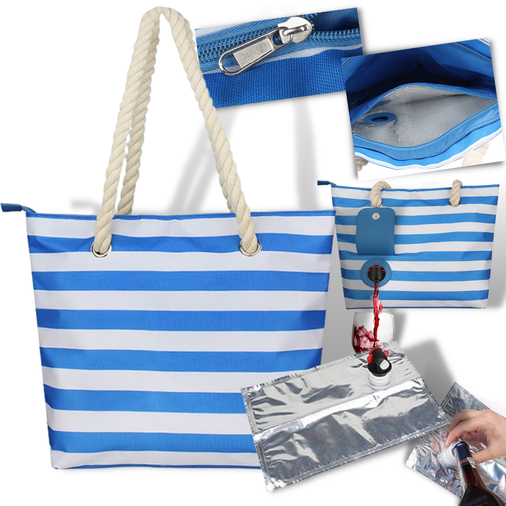 Suporte de praia para garrafas de vinho Wrea, com compartimento para alimentos e bebidas, ideal para uso ao ar livre.