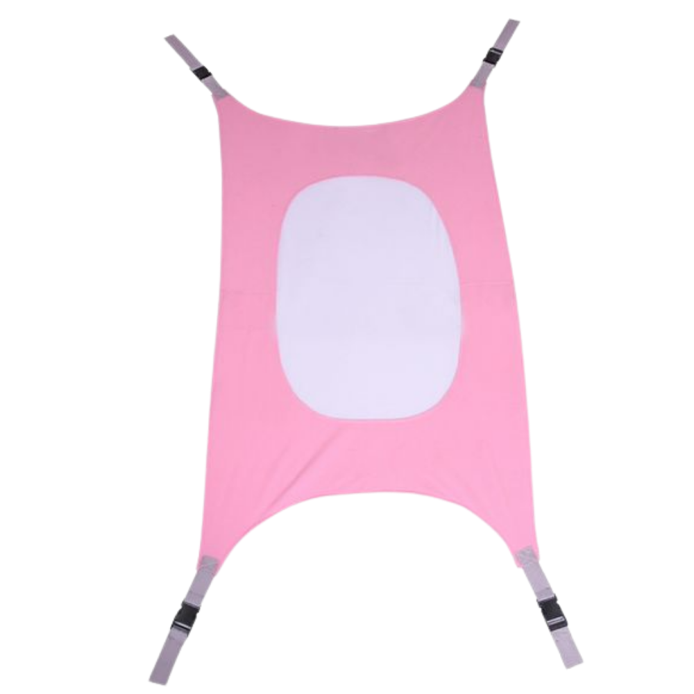 Cadeirinha de balanço para bebê da Baby Grand em rosa claro, com estrutura de suporte e assento acolchoado.