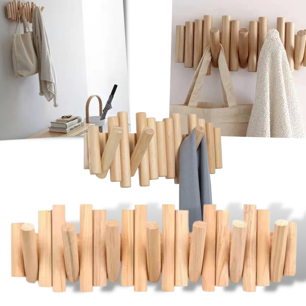 Porte-manteau minimalista de madeira da Grand Mesa Inc, com ganchos para roupas e chapéus, design simples e elegante.