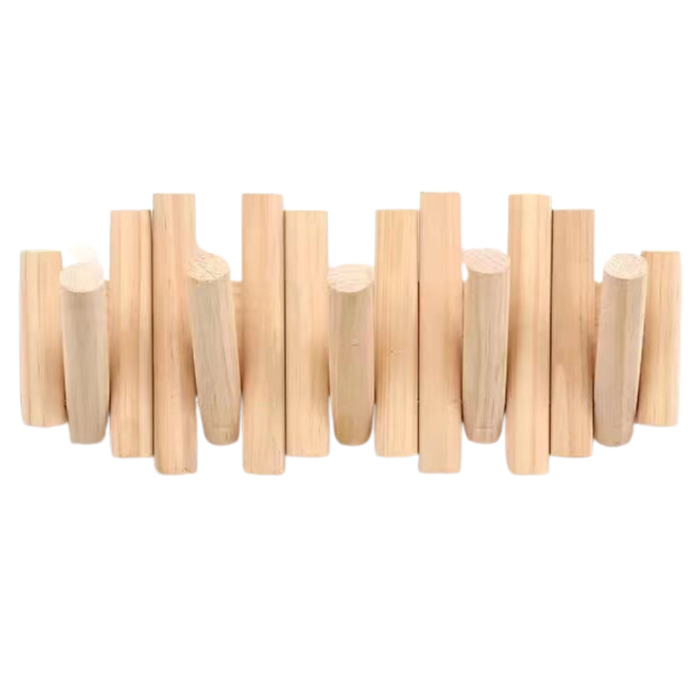 Porte-mancebo minimalista da Grand Mesa Inc com cinco ganchos de madeira, ideal para roupas e chapéus na parede.