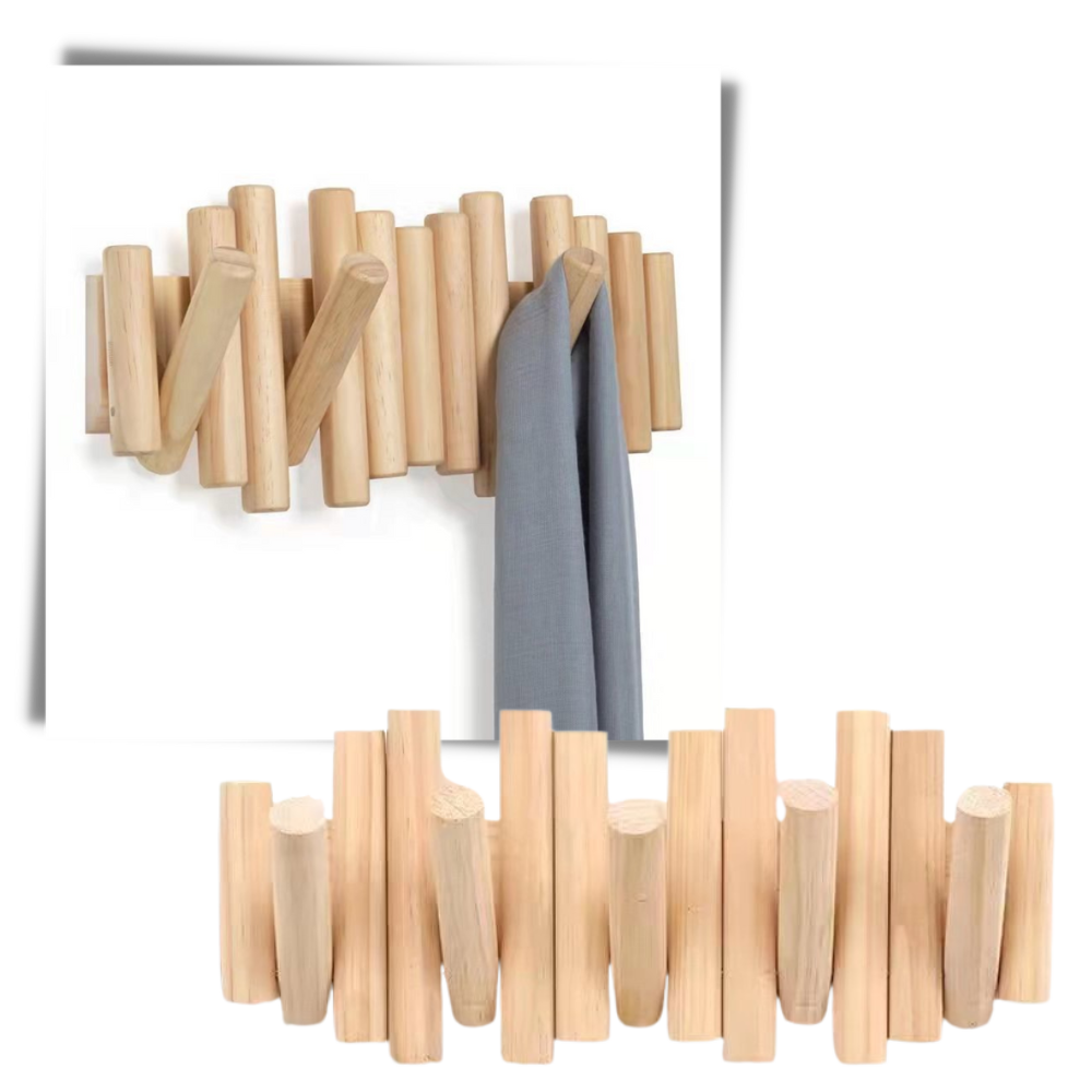 Porte-manteau minimalista de madeira da Grand Mesa Inc, com cabides para casacos e chapéus, design simples e elegante.