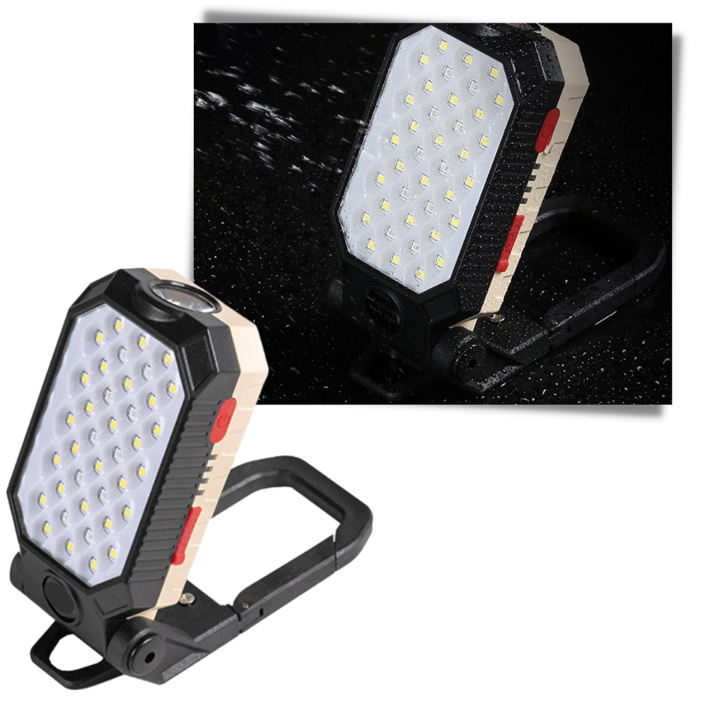 Lanterna de mão LED à prova d'água e ajustável da marca First Deal, ideal para uso em ambientes externos e trabalhos.