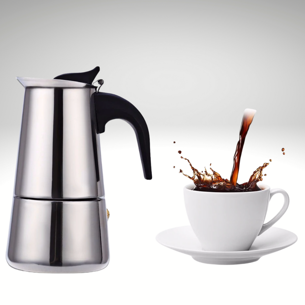 Cafetière italienne Crystalrao de 200 ml para preparo de café, eletrodoméstico de cozinha em aço inox com design compacto.