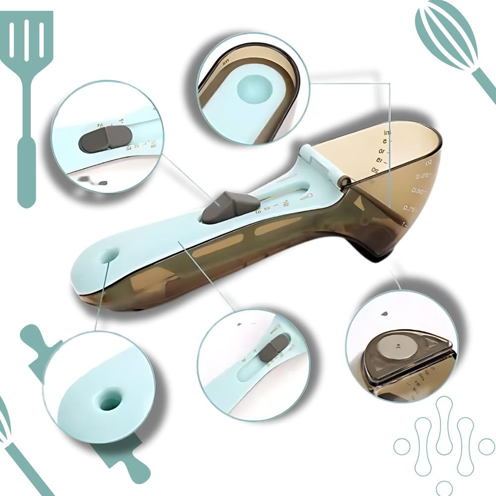 Cultery de medição ajustável 2 em 1 da Duztion, utensílio de cozinha com recipiente para medir ingredientes com controle.