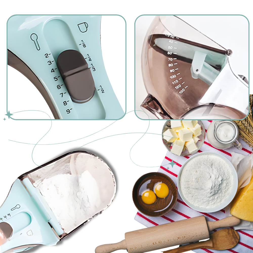 Colher medidora ajustável 2 em 1 da Duztion, utensílio de cozinha para medir líquidos e ingredientes com precisão.