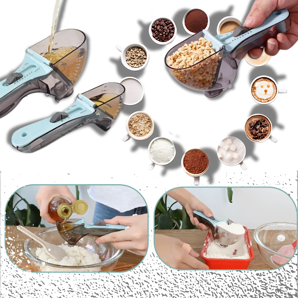 Cucujeira ajustável 2 em 1 da Duztion, utensílio de cozinha para medir ingredientes com precisão e versatilidade.
