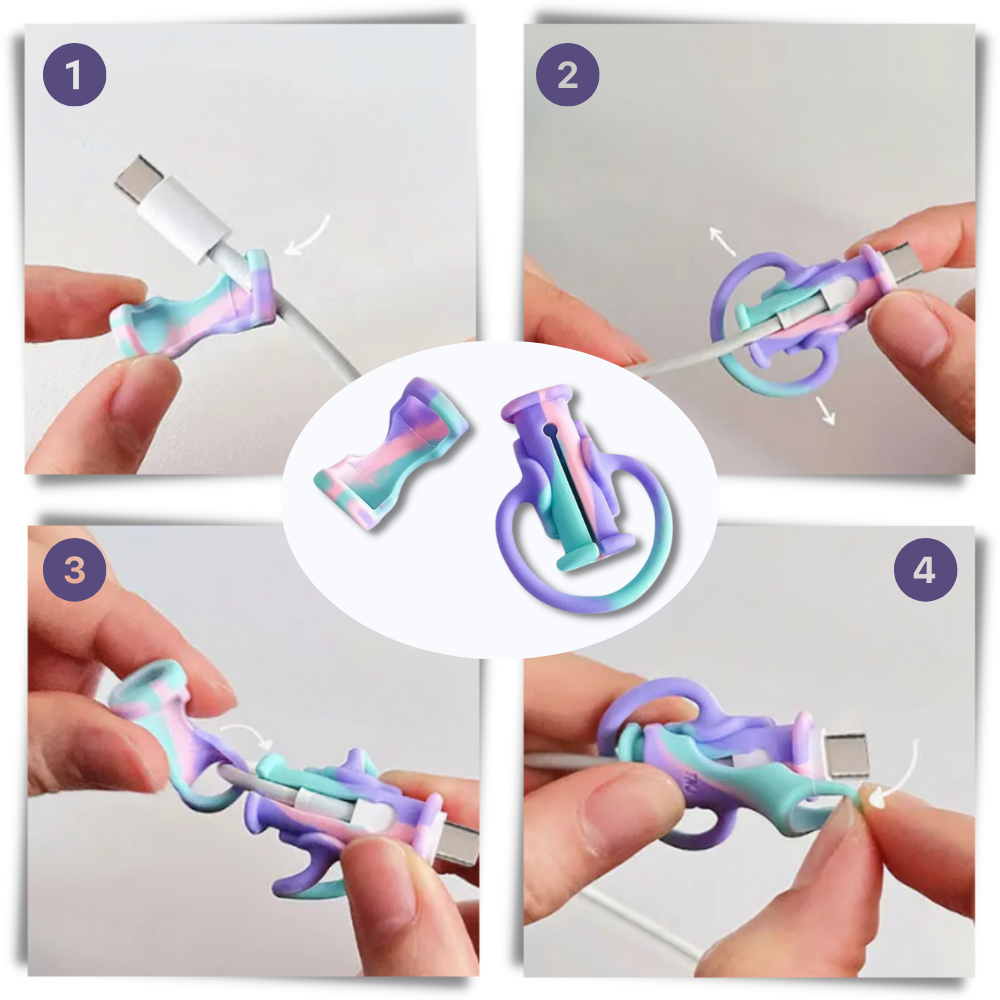 Enrouleur de câble en silicone 2 en 1 de la marca Shaperme, gestion de câbles flexible et durable pour organiser fios.