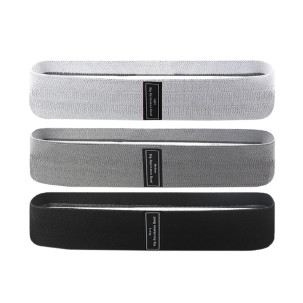 Conjunto de 3 bandas de resistência Eastjing para exercícios, com manual e bolsa de malha cinza, para treinos de força e flexibilidade.