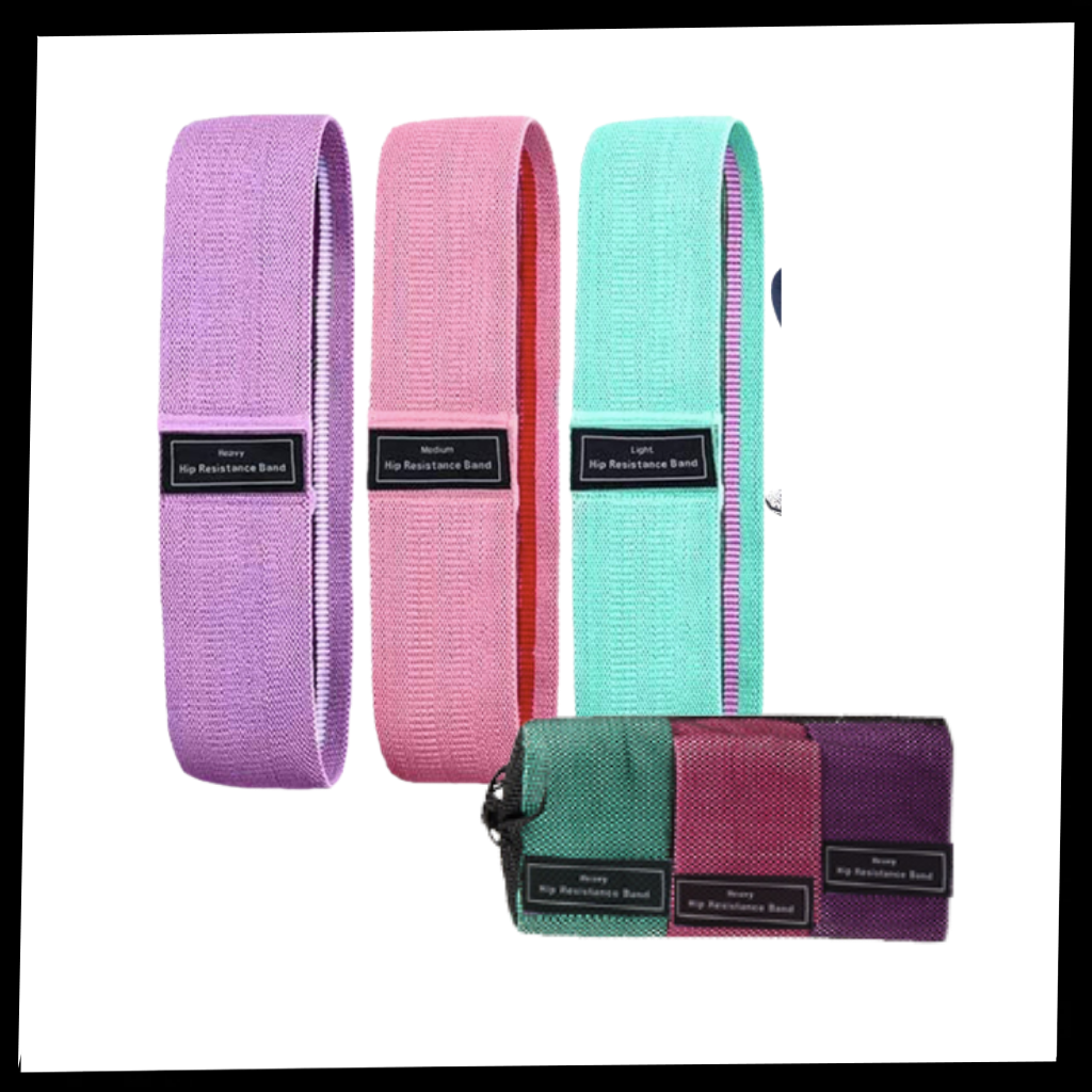Conjunto de 3 faixas de resistência para exercícios da marca Eastjing, com manual e bolsa de malha para transporte.