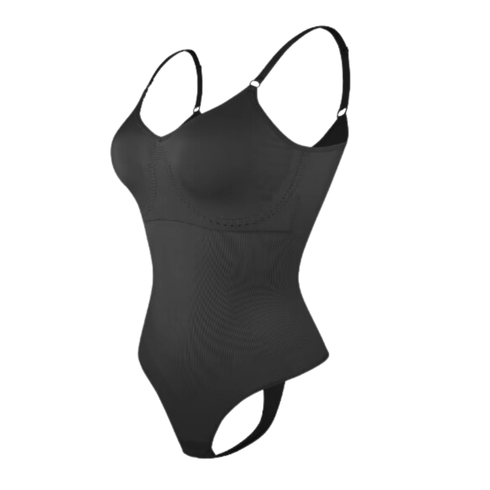 Macacão modelador sem costura MayShow na cor preta, roupa de modelagem corporal 360°, confortável e ajustada ao corpo.