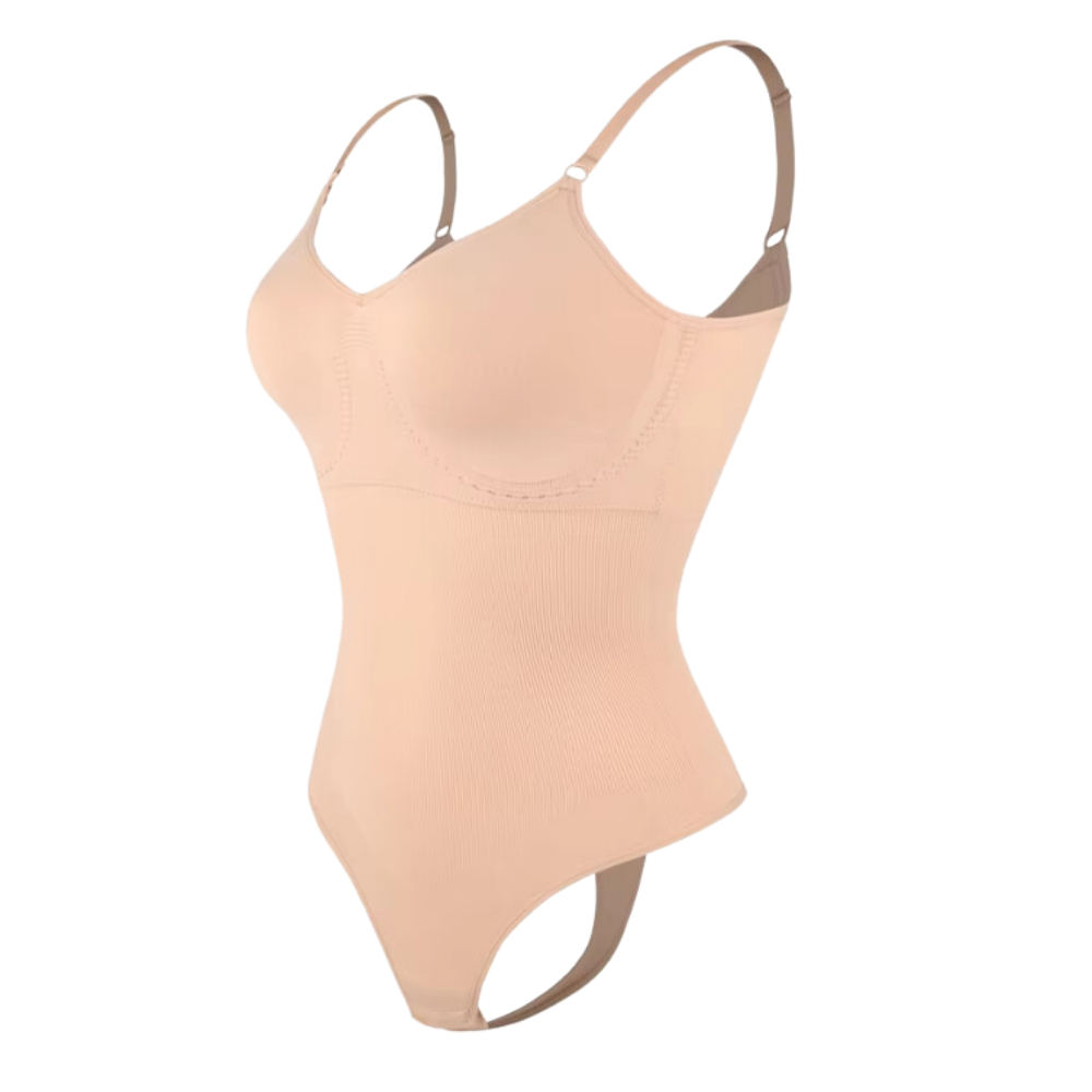 Macacão modelador sem costuras MayShow na cor nude, roupa íntima feminina que modela o corpo com conforto e discrição.