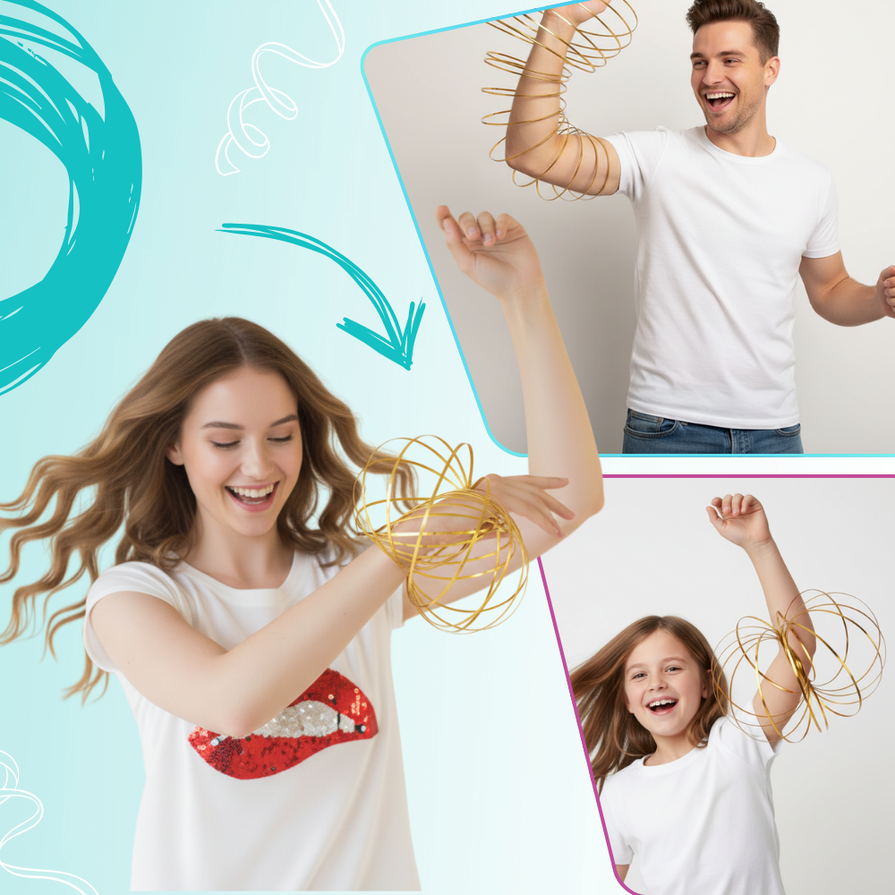 Pulseira espiral 3D em aço inoxidável da Vortiflux, mostrada como brinquedo de brinquedo com design brilhante e detalhes brilhantes.