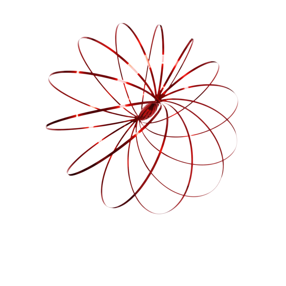 Bracelete espiral 3D em aço inoxidável da Vortiflux, brinquedo de mão com design elegante em tons roxos e vermelhos.