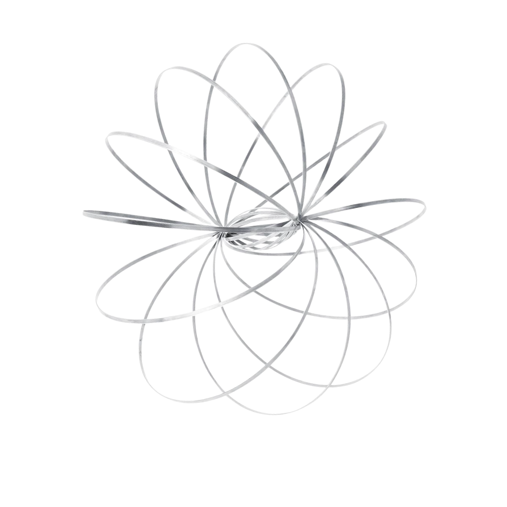 Pulseira espiral 3D em aço inoxidável da Vortiflux, acessório de brinquedo com design metálico prateado.