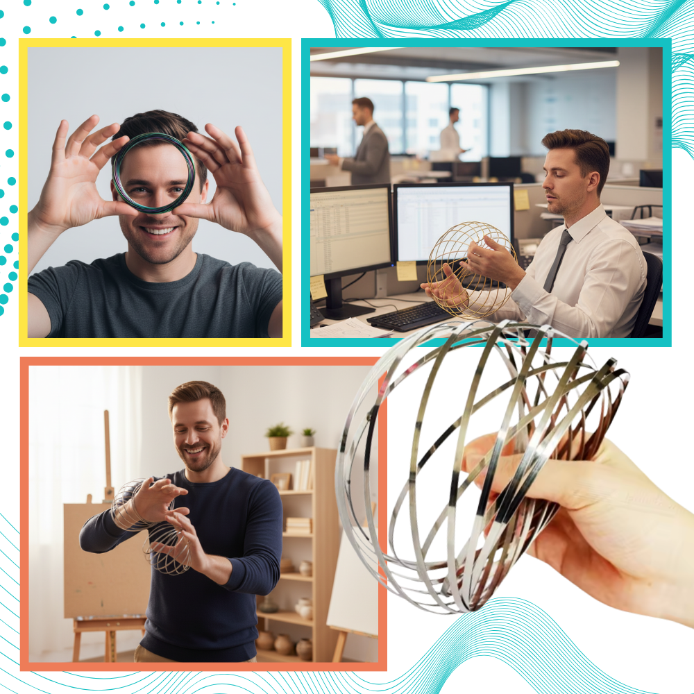 Bracelete espiral 3D em aço inoxidável da Vortiflux, brinquedo sensorial de aço inox para estímulo e relaxamento.