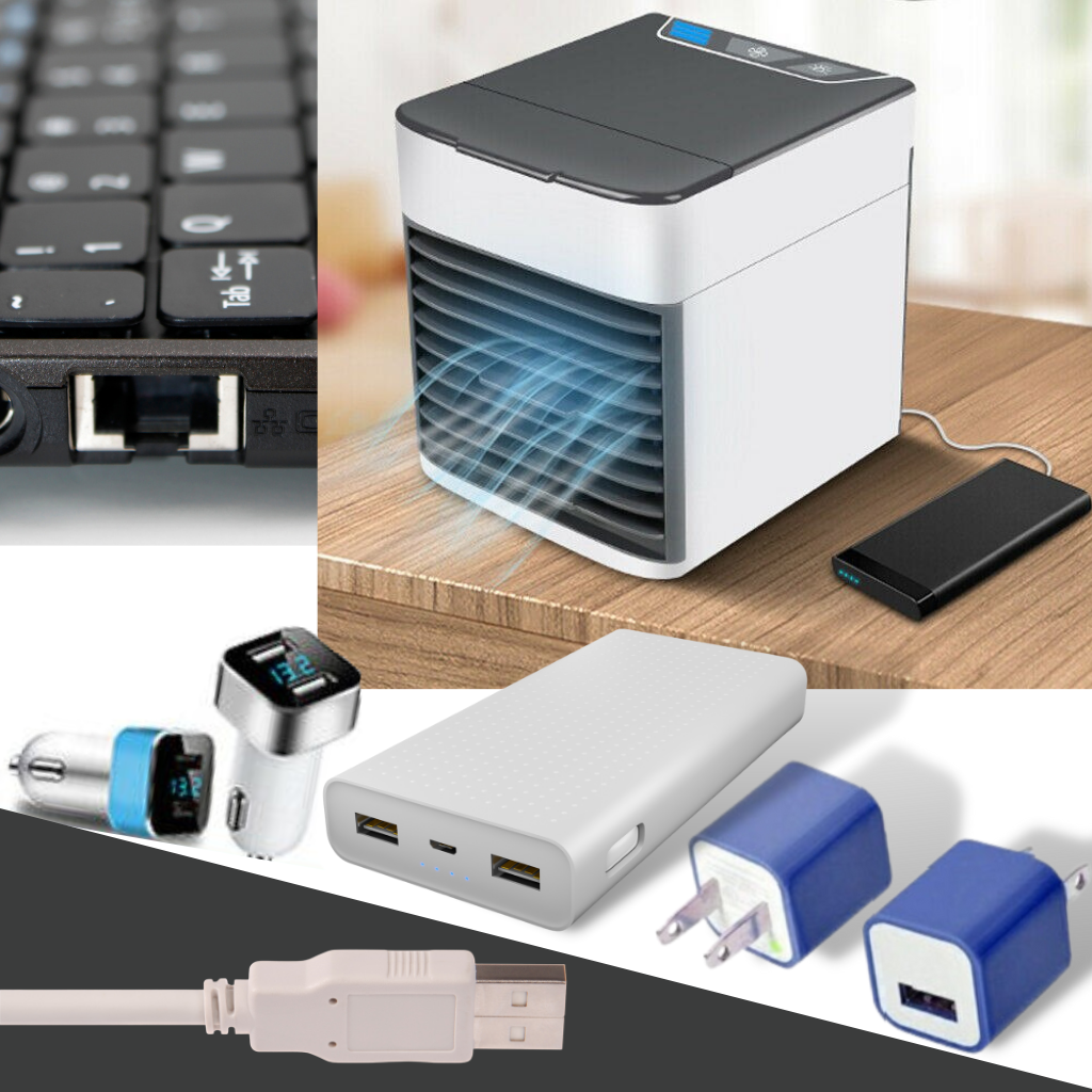 Climatizador portátil 3 em 1 Favson, com design compacto e controle USB, exibindo funções de resfriamento, aquecimento e ventilação.