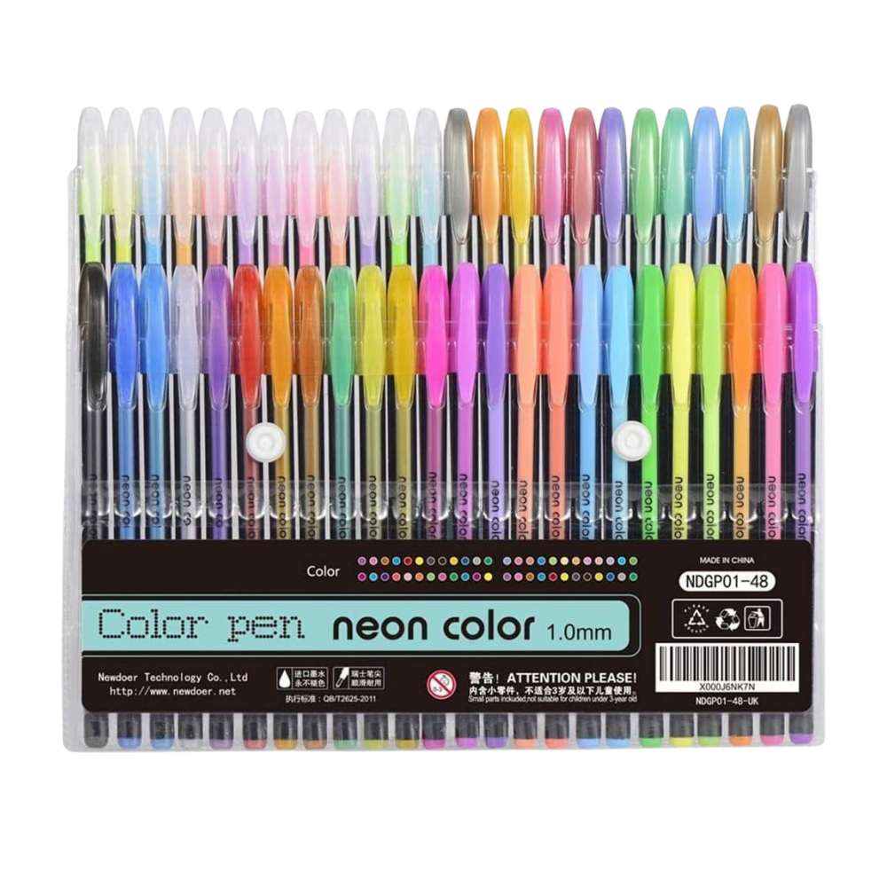 Conjunto de 48 canetas gel com glitter da Sodial, instrumentos de escrita e desenho coloridos e brilhantes.