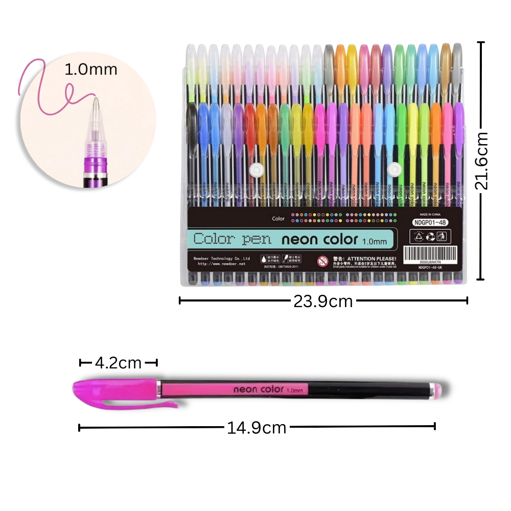 Conjunto de 48 canetas gel com glitter colorido da marca Sodial, ideal para escrita e desenhos criativos.