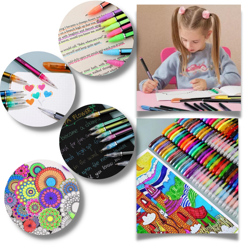 Conjunto de 48 canetas gel com glitter da Sodial, instrumentos de escrita e desenho coloridos e brilhantes.