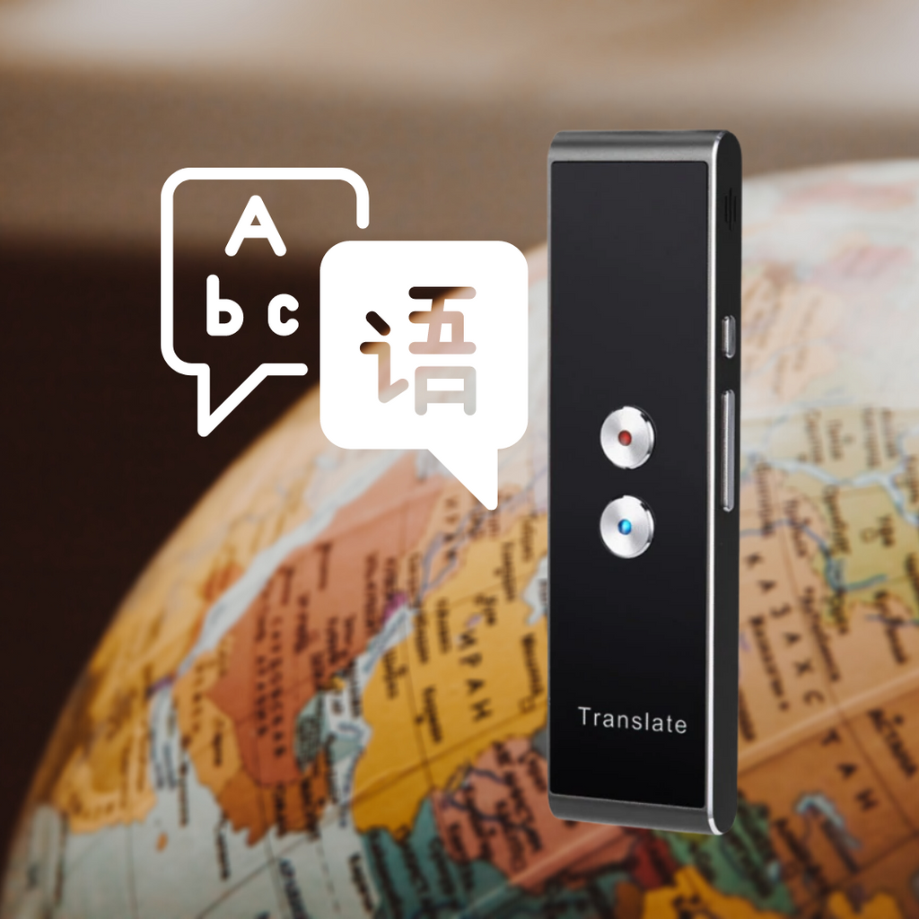 Tradutor vocal instantâneo Sxjdwz, dispositivo portátil para tradução rápida de idiomas, com tela e microfone visíveis.