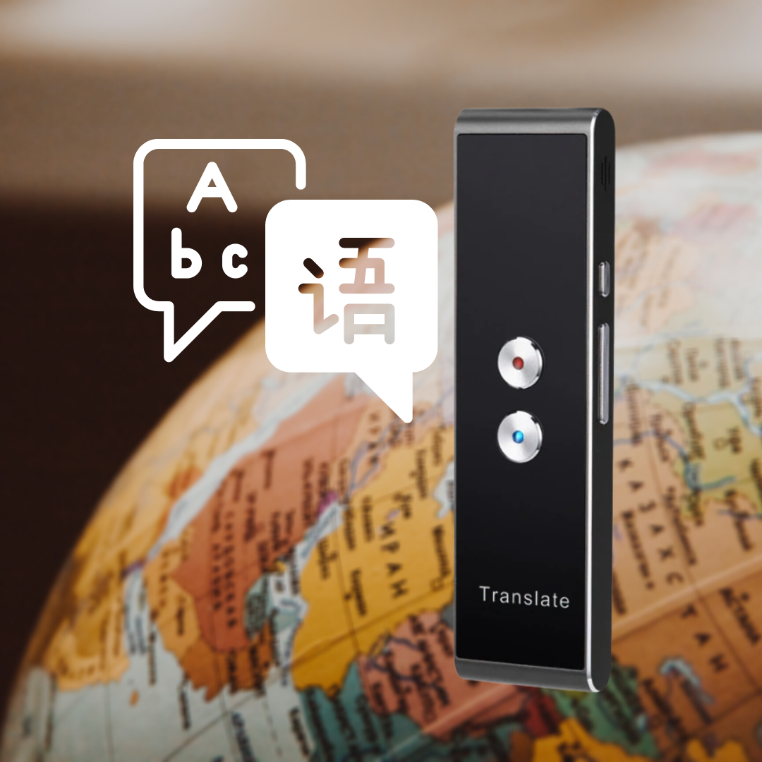 Tradutor vocal instantâneo Sxjdwz, dispositivo portátil para tradução rápida de idiomas, com tela e microfone visíveis.