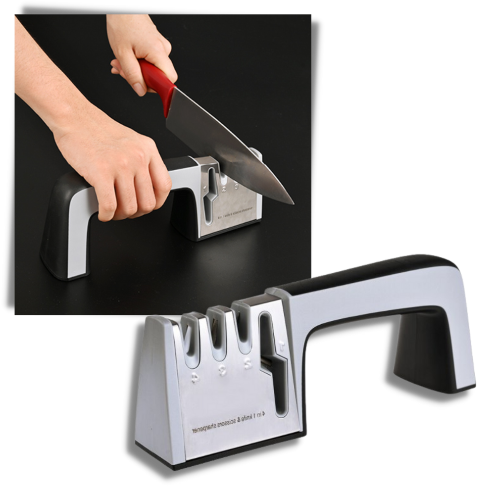 Aiguiseur de couteaux de cuisine Wewdigi, électroménager 4 en 1, montrant différentes parties en matériau durable.