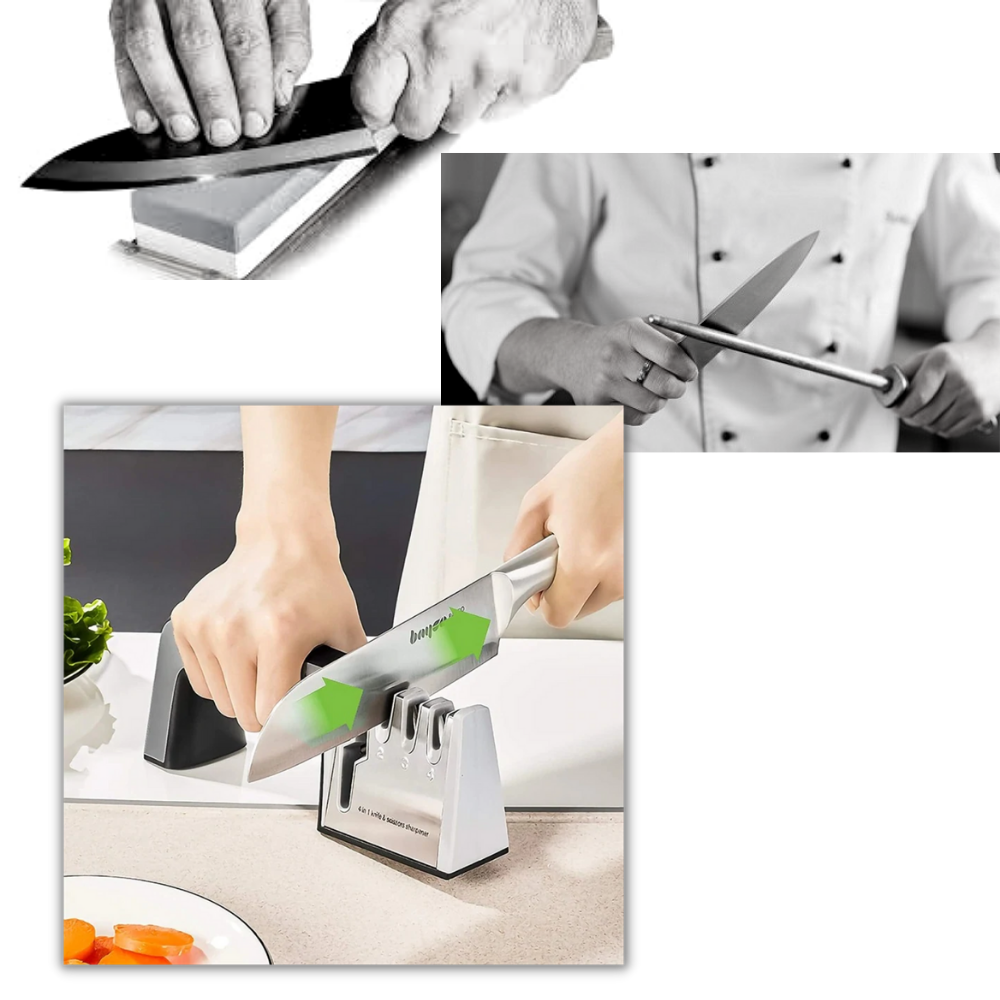 Afiador de facas de cozinha Wewdigi, eletrodoméstico 4 em 1, mostrando lâminas afiadas e tecnologia eficiente.