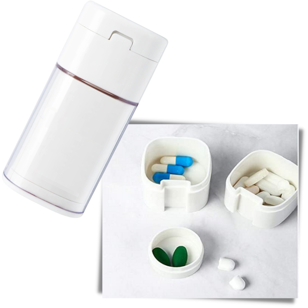 Triturador de pílulas 4 em 1 Pill Mill com pulverizador, caixa de armazenamento de medicamentos, para uso em saúde.