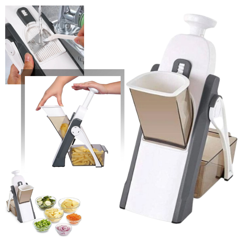 Mandoline vertical 4 em 1 da Sporkpods, utensílios de cozinha para fatiar, ralar e cortar com múltiplas lâminas.