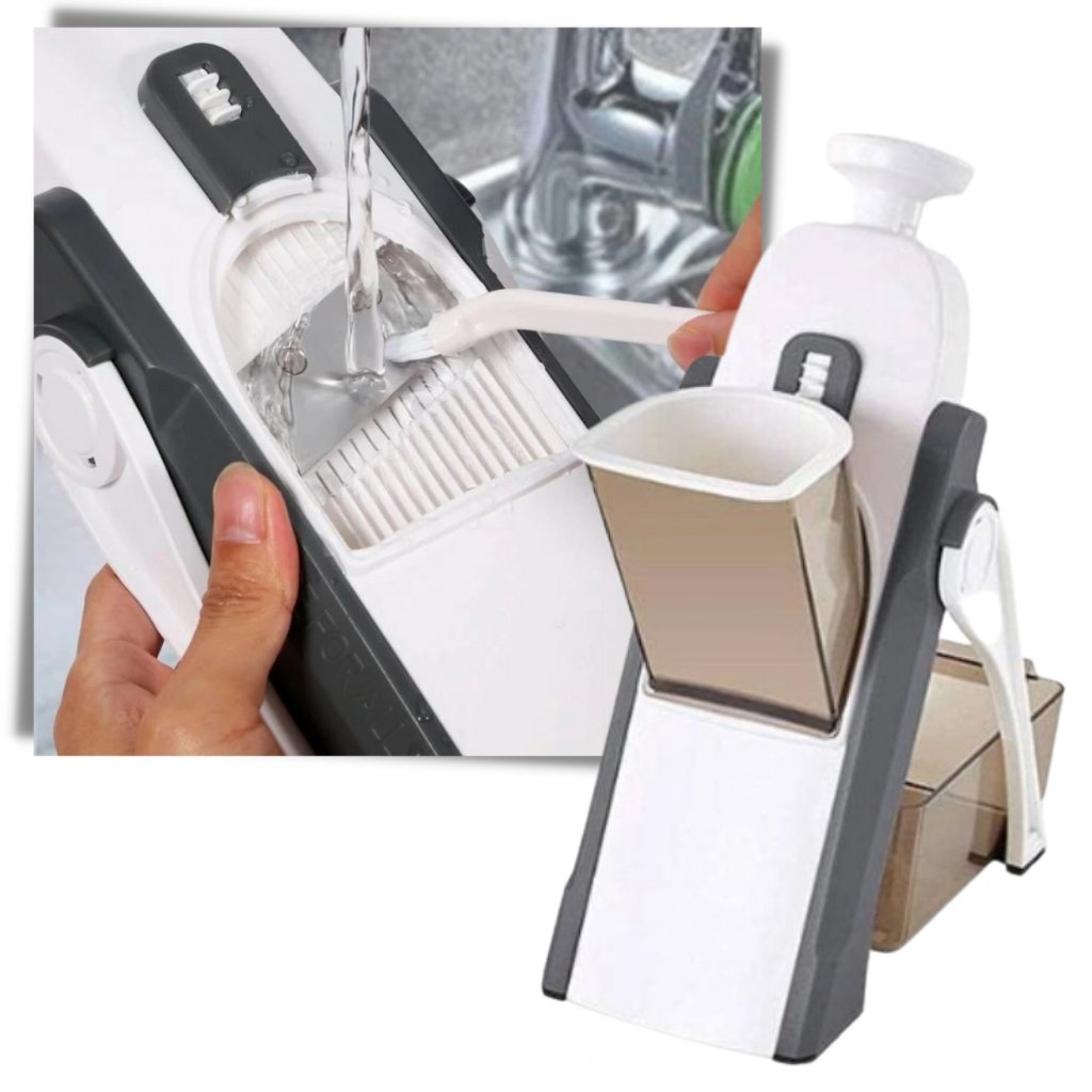 Mandoline vertical 4 em 1 da Sporkpods, utensílio de cozinha para cortar legumes com múltiplas lâminas e funções.
