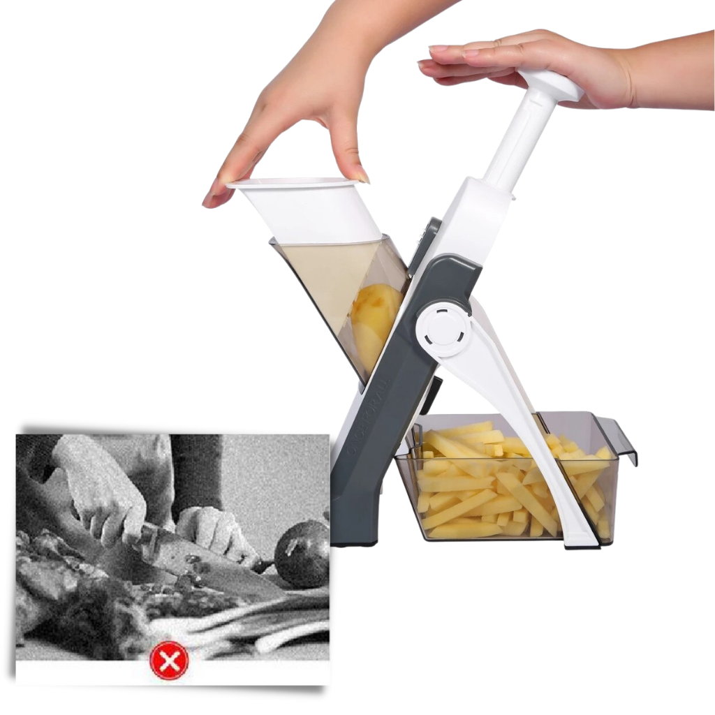 Mandolina vertical 4 em 1 da Sporkpods para corte preciso de legumes e verduras na cozinha.