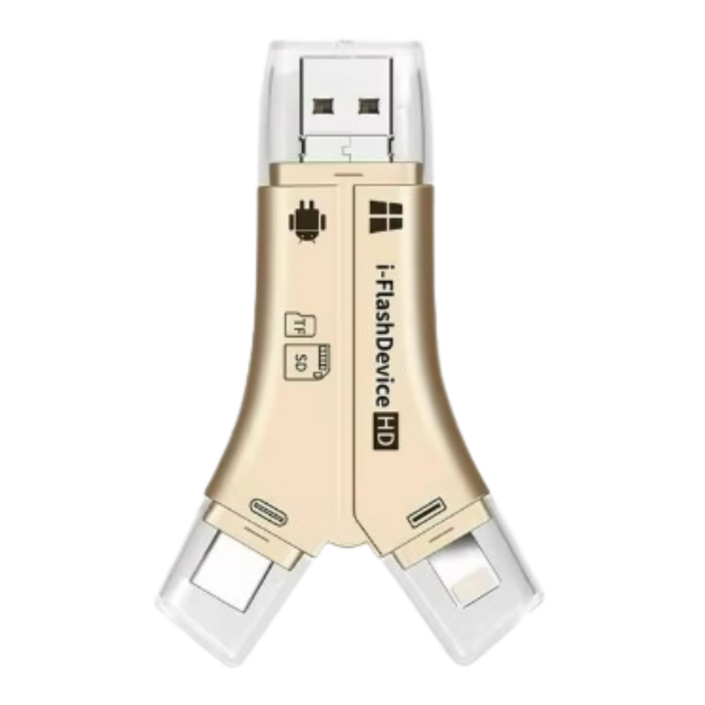 Adaptador USB 4 em 1 para telefones da Jclub.com, com portas douradas para conexão de dispositivos móveis e computadores.