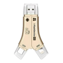 Adaptador USB 4 em 1 para telefones da Jclub.com, com portas douradas para conexão de dispositivos móveis e computadores.