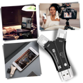 Conector USB 4 em 1 para telefones da Jclub.com, mostra várias portas USB compatíveis com smartphones e dispositivos móveis.