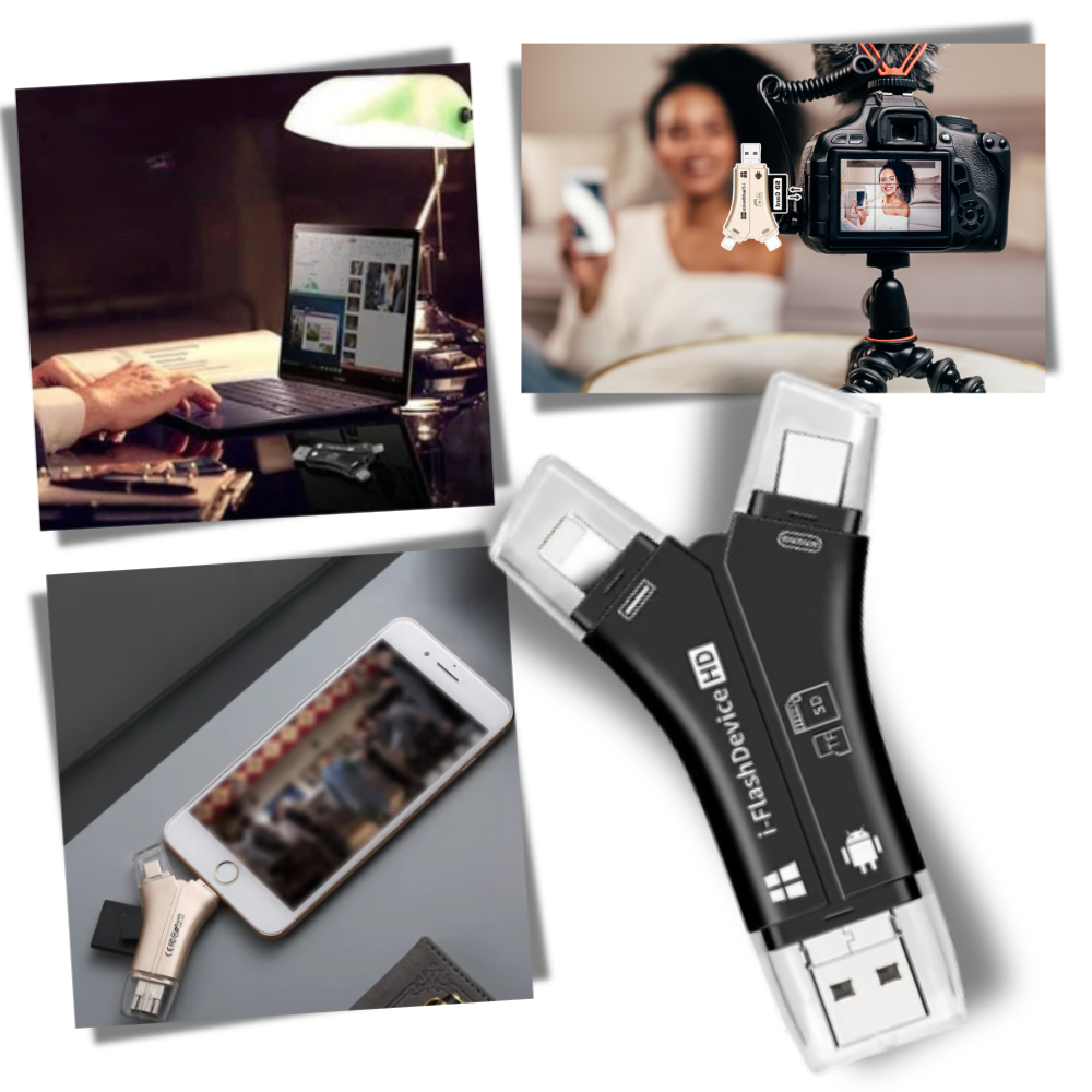 Conector USB 4 em 1 para telefones da Jclub.com, mostra várias portas USB compatíveis com smartphones e dispositivos móveis.