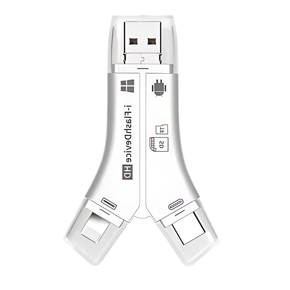 Adaptador USB 4 em 1 para telefones da Jclub.com, em acabamento branco, com múltiplas portas para conexão de dispositivos móveis.