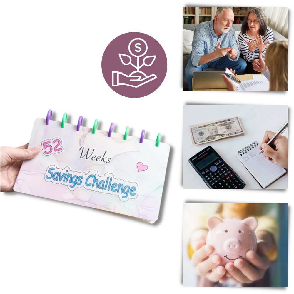 Classeur de poupança Dengmore de 52 semanas, material de reliure completo para planejamento financeiro.
