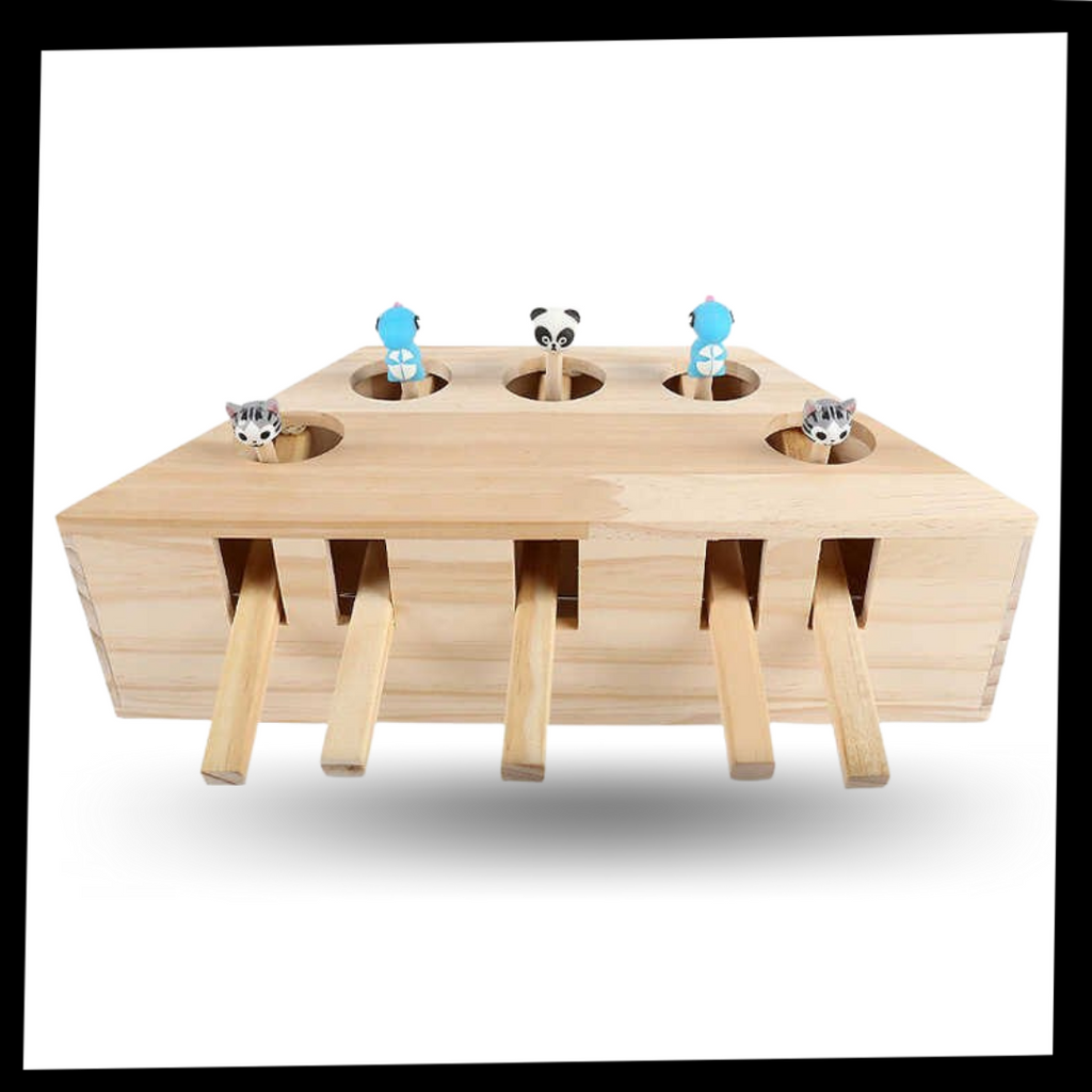 Brinquedo interativo de madeira com 5 buracos para gatos, acessório para entretenimento e estímulo mental.