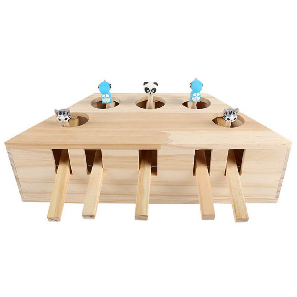Brinquedo interativo de madeira com cinco buracos para gatos, acessório para diversão e estímulo mental para felinos.