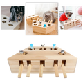 Brinquedo interativo de madeira com cinco buracos para gatos, acessório para estimular a diversão e o entretenimento felino.