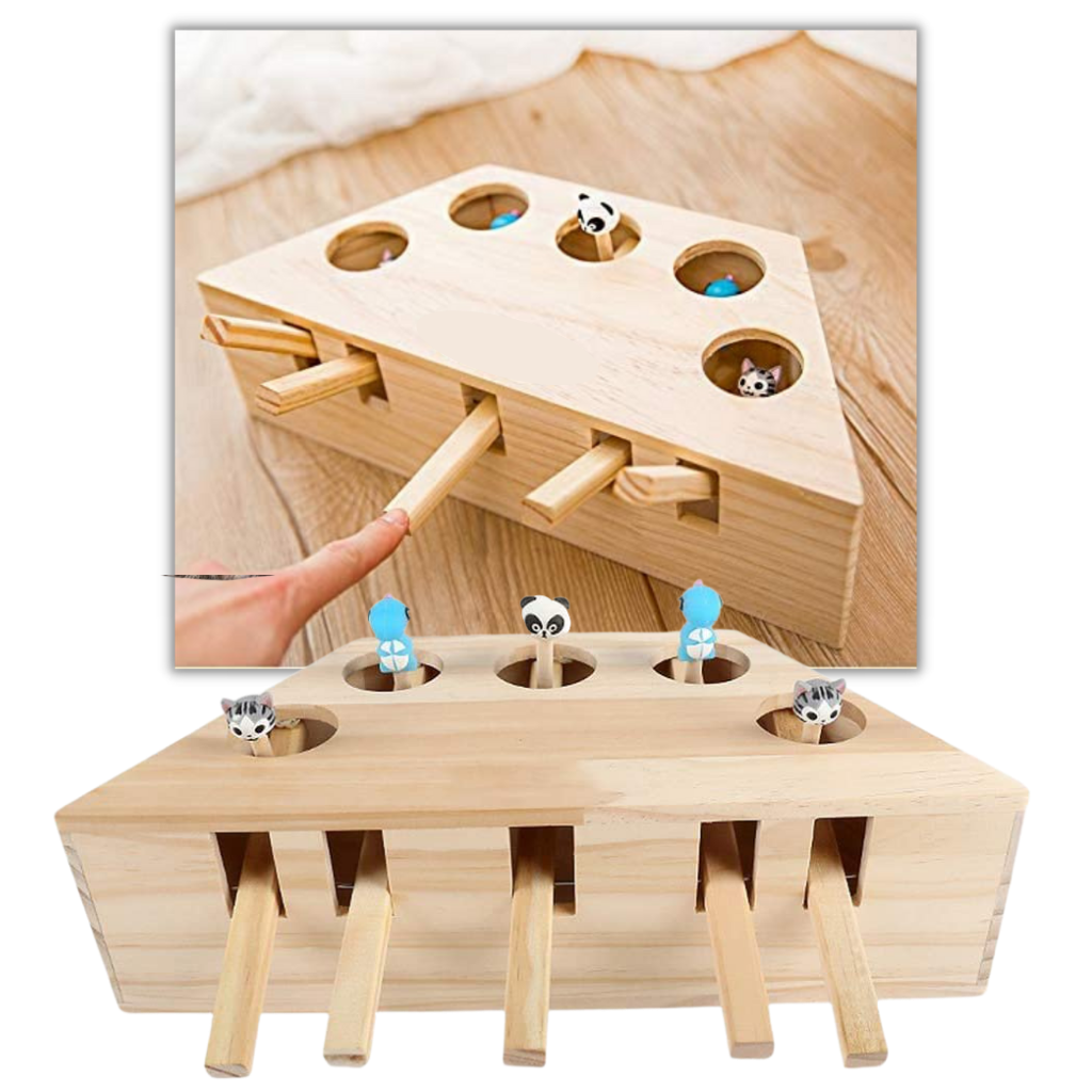 Brinquedo interativo de madeira com 5 buracos para gatos, acessório para gatos, feito com materiais seguros e amigáveis para pets