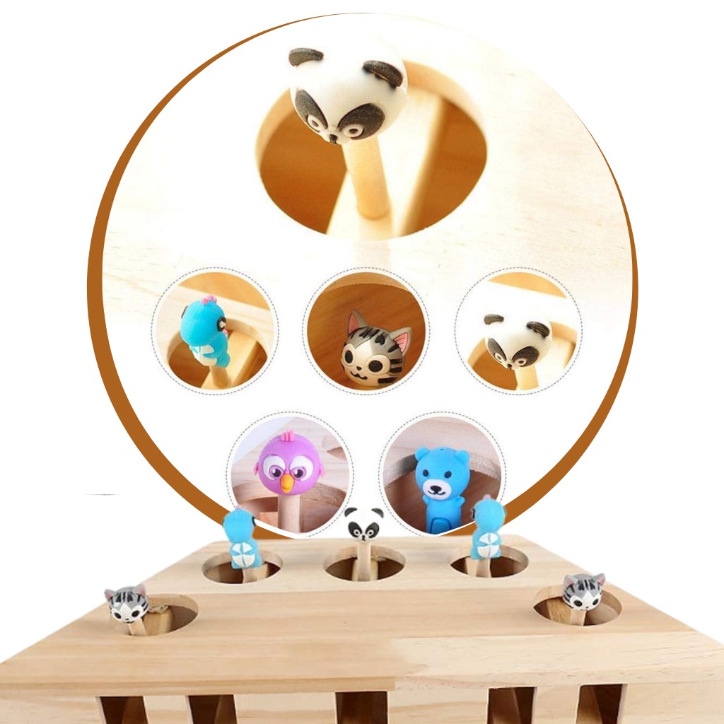 Brinquedo interativo de madeira com 5 buracos para gatos, acessório para diversão e estímulo para felinos.