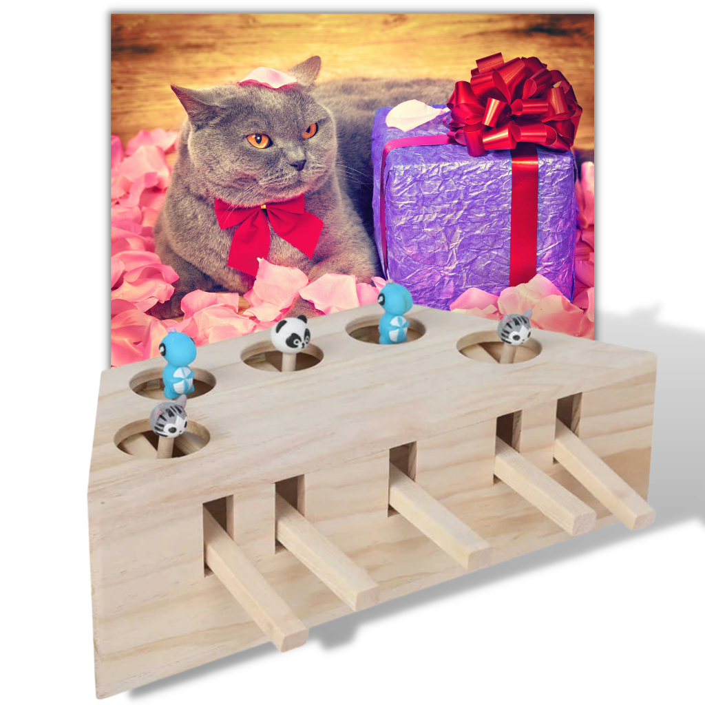 Brinquedo interativo de madeira com 5 buracos para gatos, acessório para entretenimento e estímulo mental.