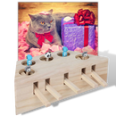 Brinquedo interativo de madeira com 5 buracos para gatos, acessório para entretenimento e estímulo mental.
