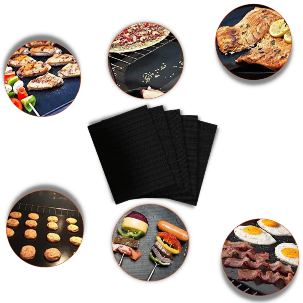Conjunto de 5 tapetes de silicone antiaderentes para churrasco da Eastjing, ideais para grelhar alimentos sem grudar.