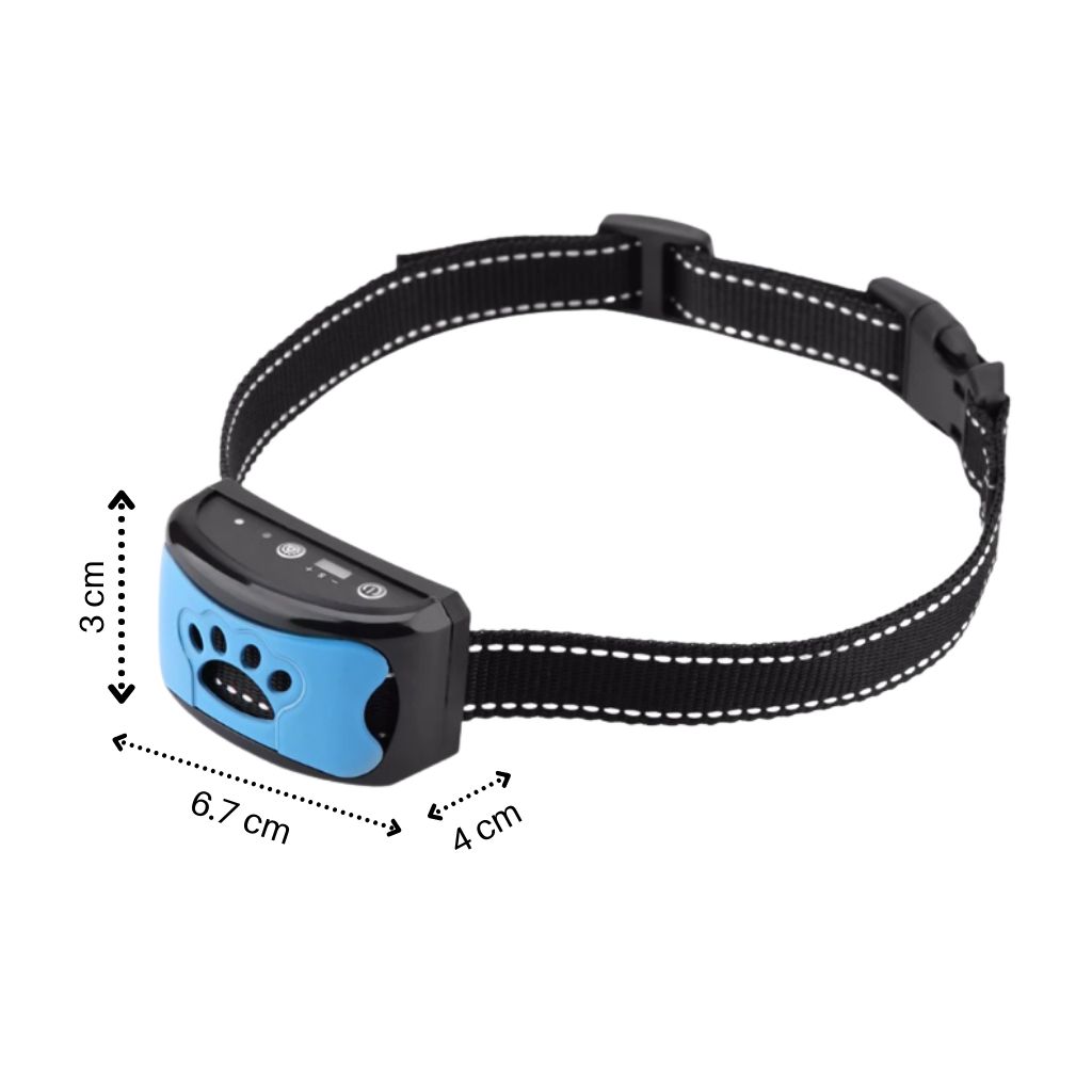 Coleira antissalivação para cães da marca Masbrill, com ajuste de sensibilidade de 7 níveis e recarregável via USB.