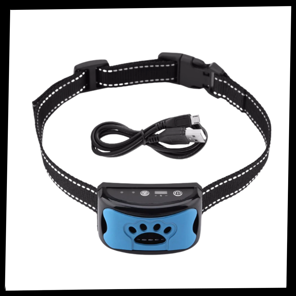 Coleira anti-ladrão para cães da marca Masbrill, com ajuste de sensibilidade de 7 níveis e recarregável por USB.