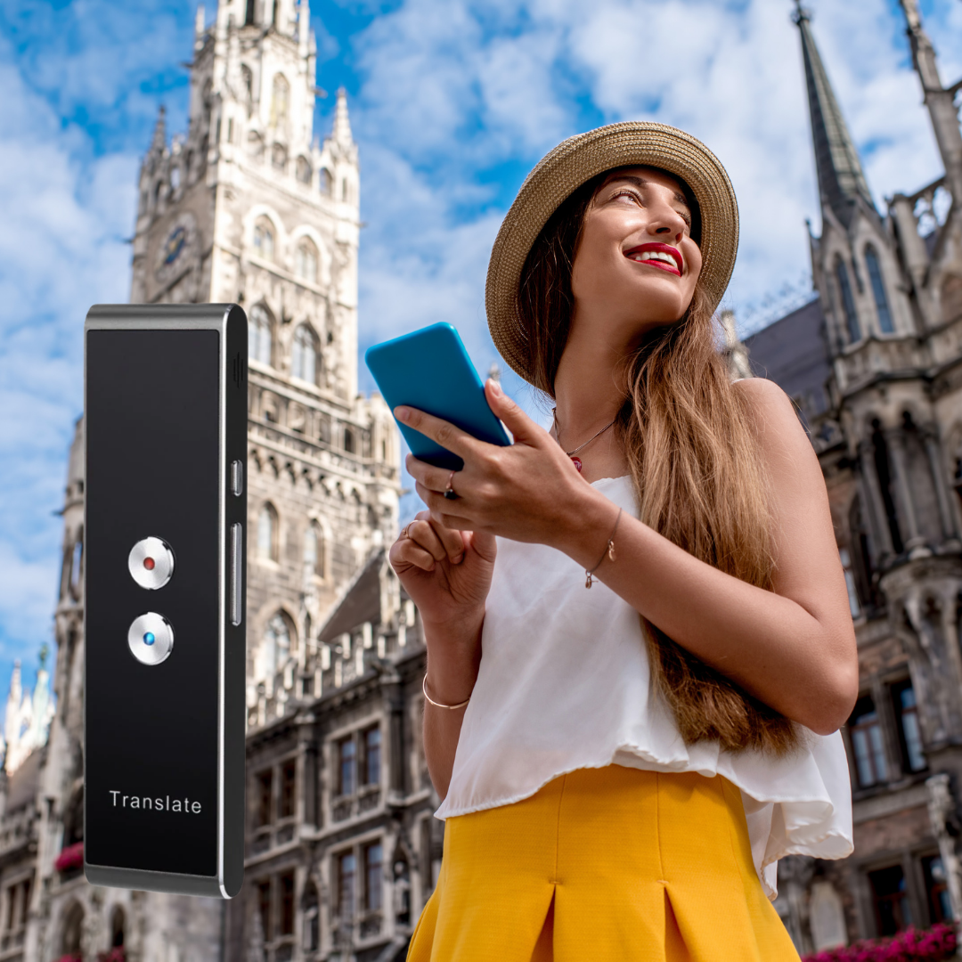 Tradutor vocal instantâneo Sxjdwz, dispositivo eletrônico de tradução com tela e microfone para comunicação multilíngue.